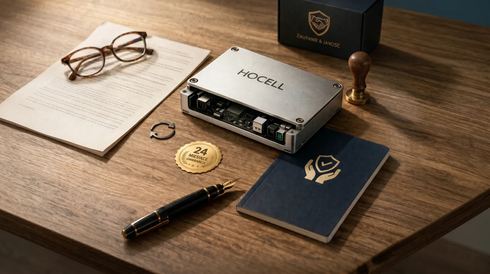 HOCELL device on a desk with a warranty seal, documents and a fountain pen