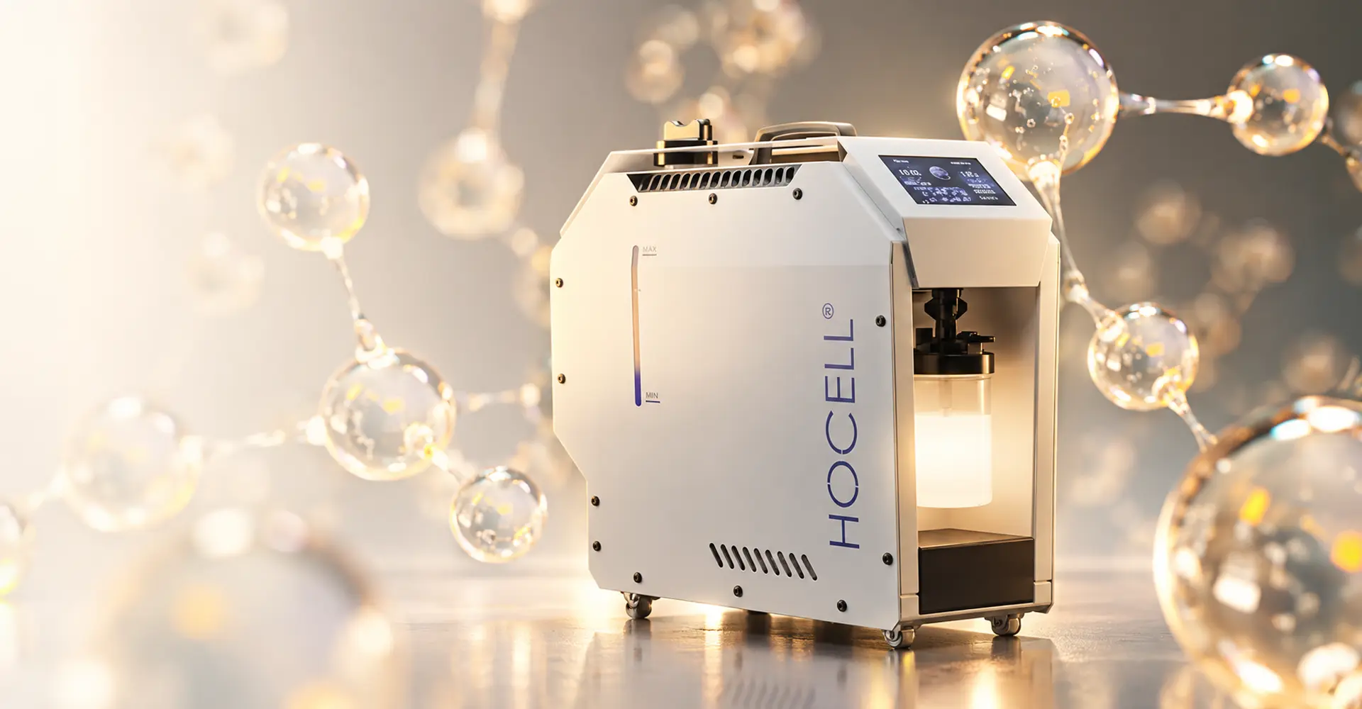 Close-up of the HOCELL device — illuminated humidifier bottle and steel housing.